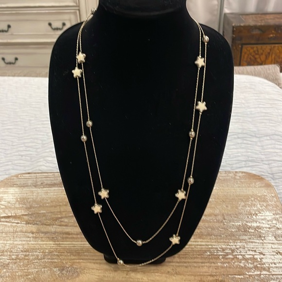 Vintage Gold Tone Beige Stars Beaded Long Statement Necklace - Picture 1 of 3